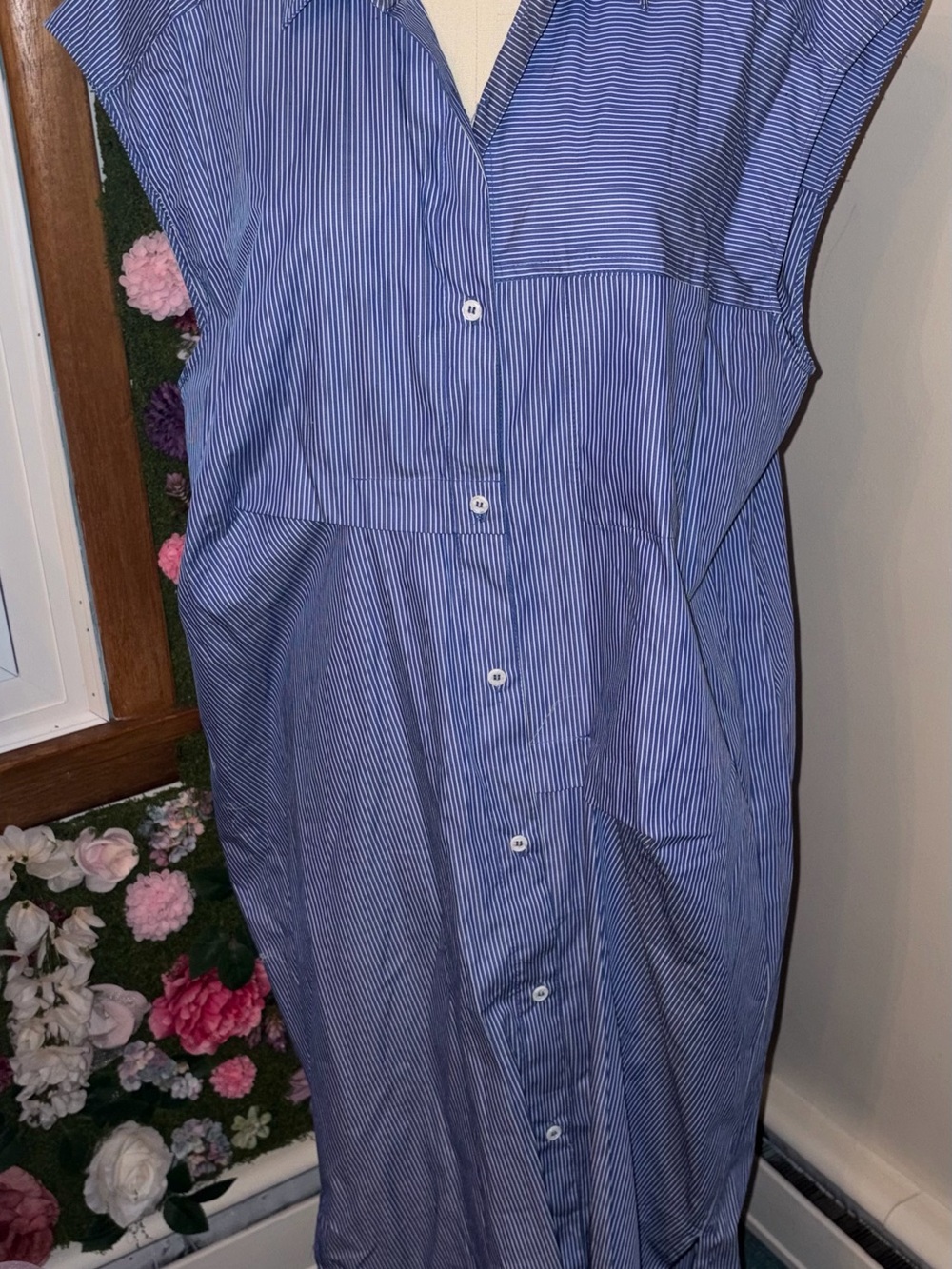 Zara Blue and White Pinstripe Midi Shirt Dress